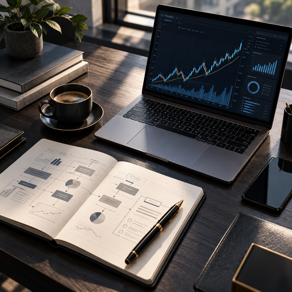 Escritorio de trabajo minimalista con computadora portátil mostrando gráficos de análisis financiero y cuaderno con flujos estratégicos para negocios B2B.