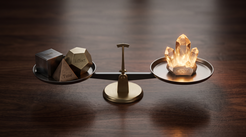 Balanza ejecutiva de precisión sobre un escritorio de madera oscura, equilibrando elementos de aptitud, tiempo, esfuerzo y capital.