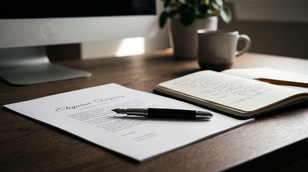 Escritorio de trabajo ejecutivo y minimalista con una pluma estilográfica sobre un manuscrito impreso y una libreta de notas de ebanistería intelectual.