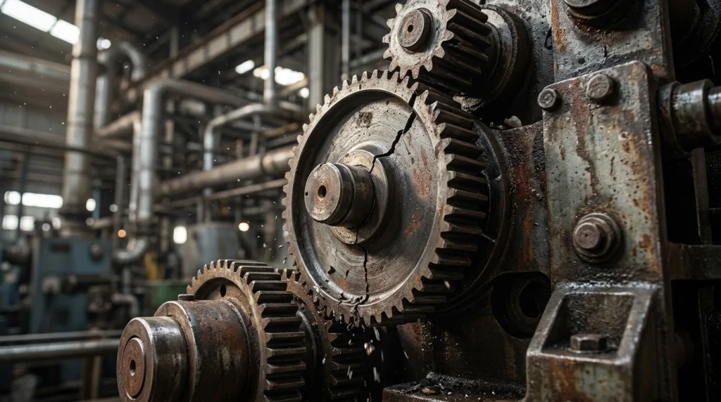 Engranaje metálico industrial con una grieta crítica en un sistema mecánico desgastado.