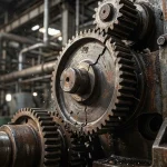 Engranaje metálico industrial con una grieta crítica en un sistema mecánico desgastado.