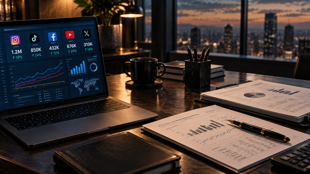 Ilustración conceptual de métricas digitales en pantalla frente a informes financieros sobre un escritorio ejecutivo.
