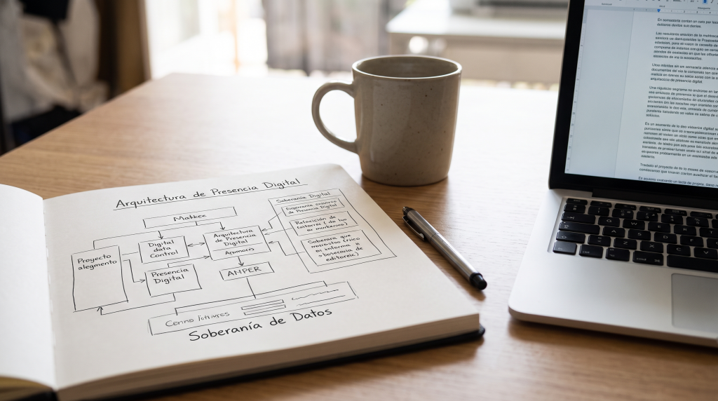 Diagrama conceptual de arquitectura de presencia digital que ilustra el desacoplamiento de capas entre registrador de dominios, hosting y servidor de correo.