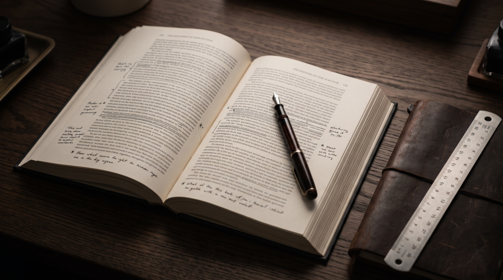 Mesa de trabajo con libro abierto, anotaciones a pluma y cuaderno de notas representando el método de lectura extractiva y análisis estratégico.